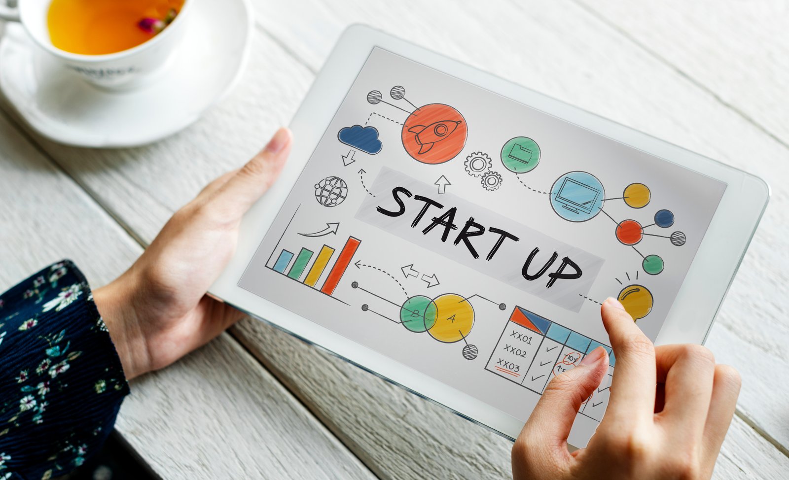 Startup concept image, a tab in hand of a woman.