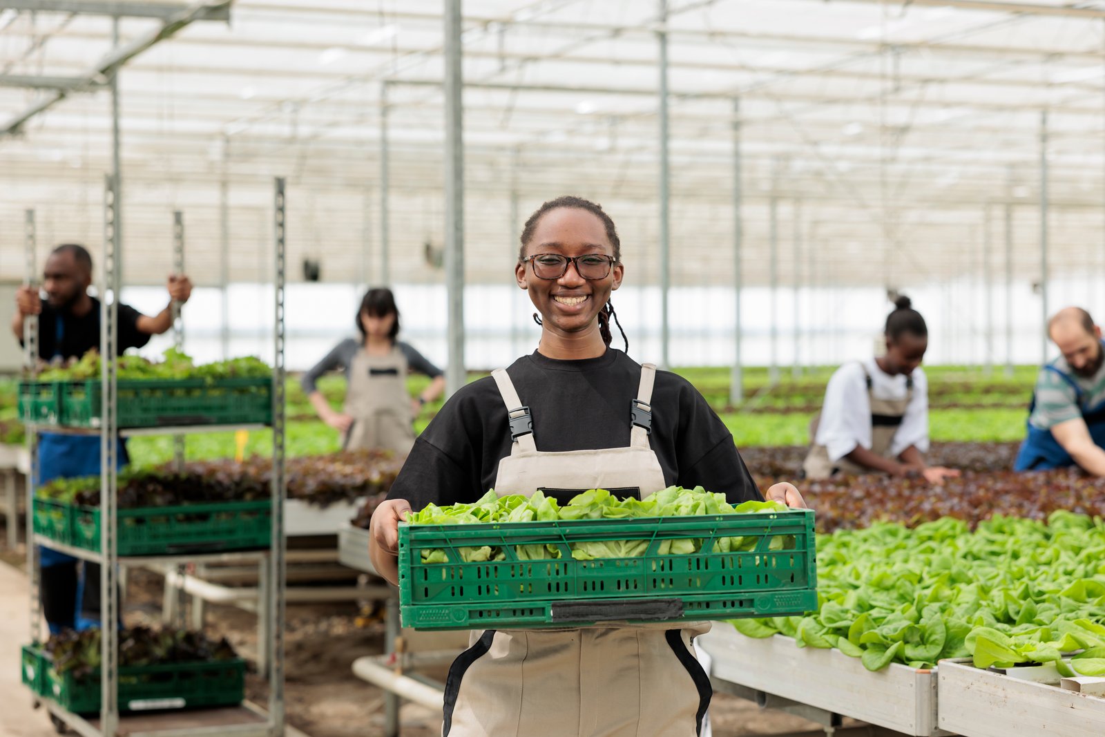 happy farmer holding crate of vegetables