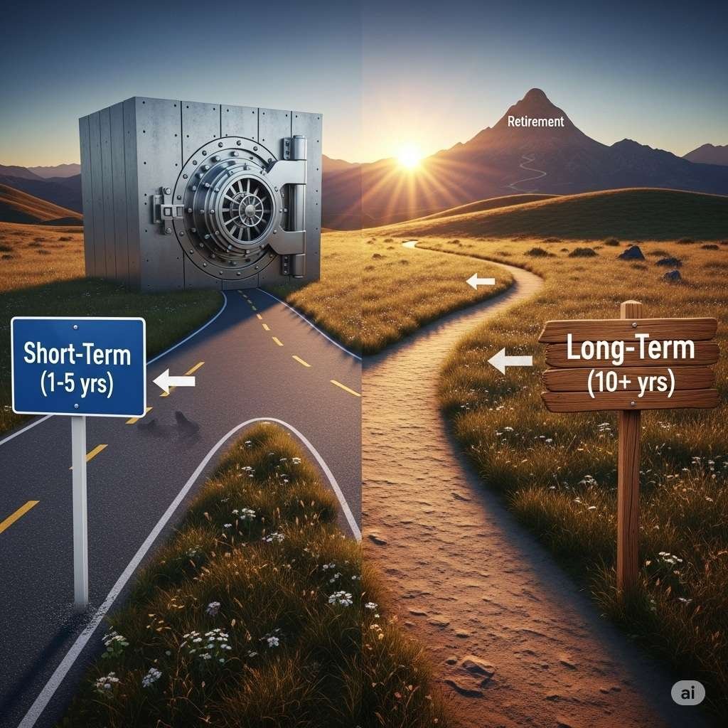 Short‑Term (1–5 yrs)’ leading to a safe vault, and a long winding trail signposted ‘Long‑Term (10+ yrs)’ heading toward a sunrise over a mountain labeled ‘Retirement