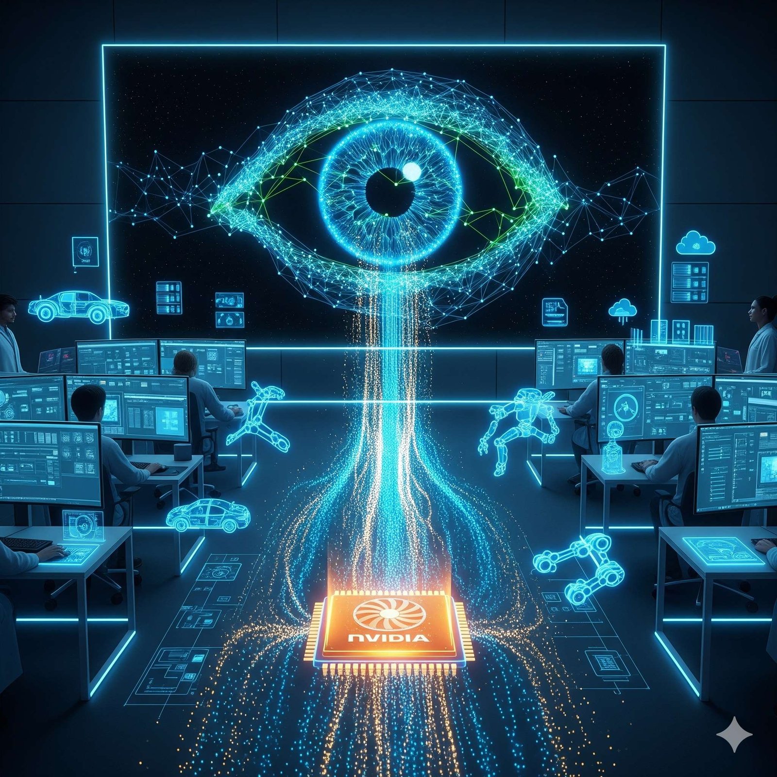 A futuristic scene showing researchers in a university lab surrounded by glowing computer screens. On the monitors, an AI neural network visualization forms into the shape of a human eye, symbolizing machine vision. Nvidia Chip