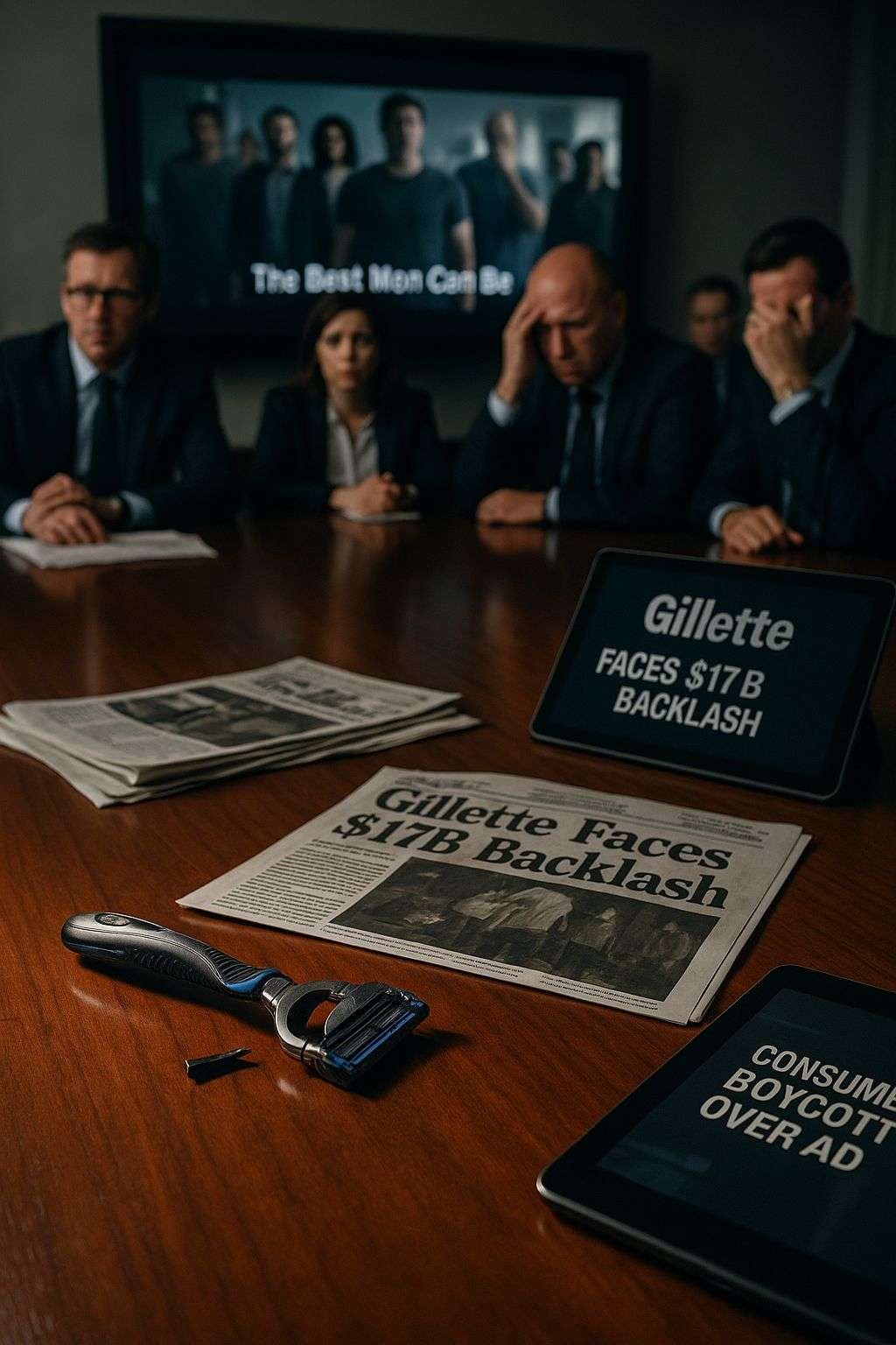 Corporate downfall photo: broken razor, 'Gillette Backlash' headlines, distressed executives, controversial ad on screen. Symbolizes marketing crisis impact.