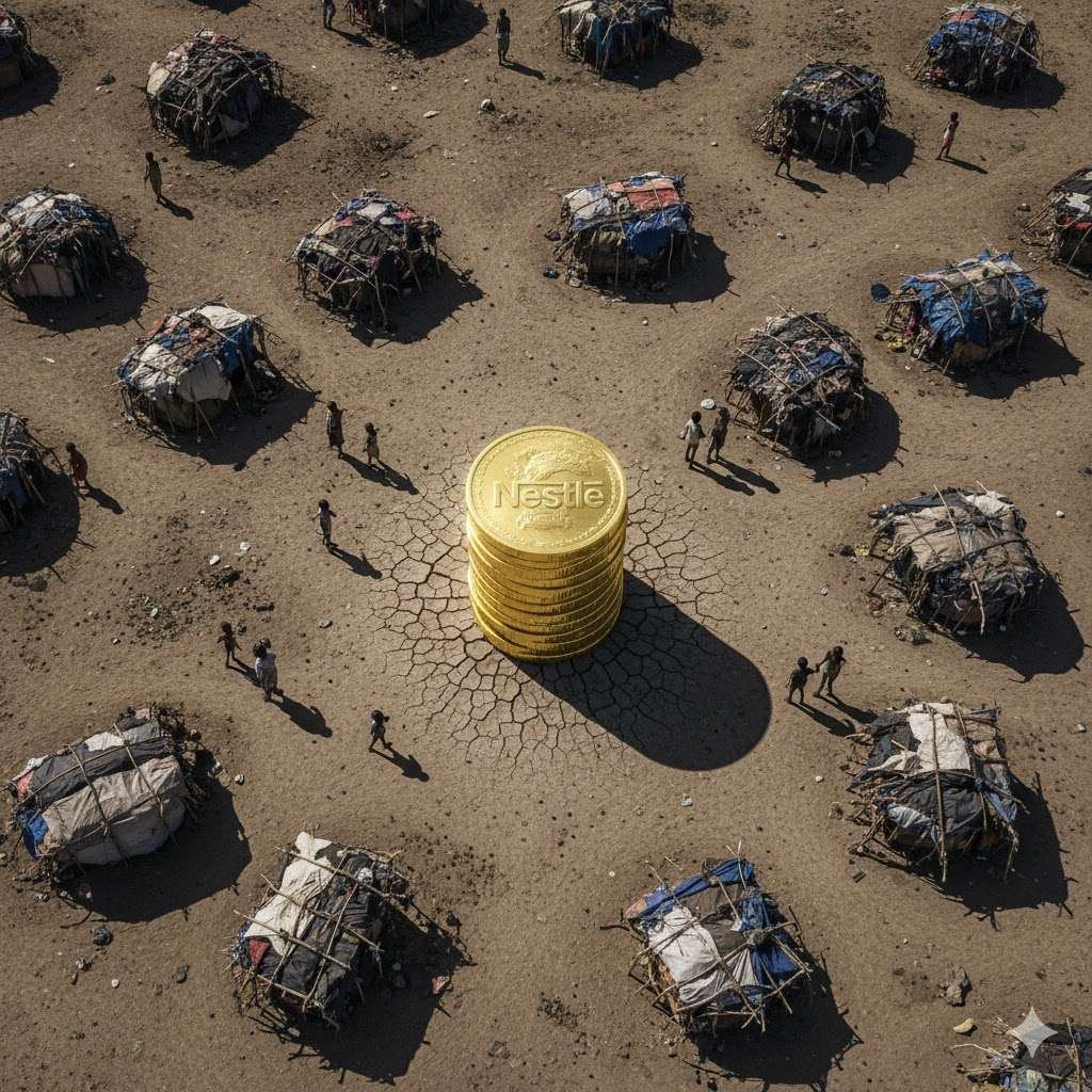 An aerial view of a barren, famine-stricken Ethiopian landscape with makeshift shelters. In the center, a single, oversized, shimmering gold coin or stack of money with a Nestlé logo stands out, seemingly oblivious to the surrounding suffering