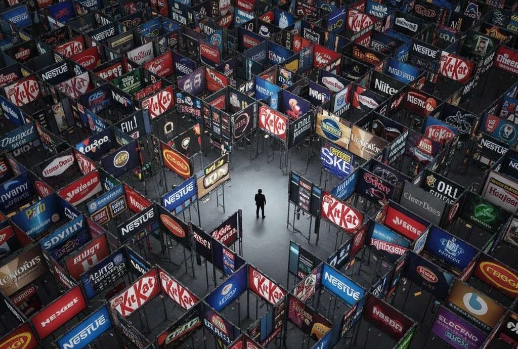 Nestlé product logos (KitKat, Nescafé, Pure Life, Maggi, etc.) forming a giant, almost inescapable corporate maze.