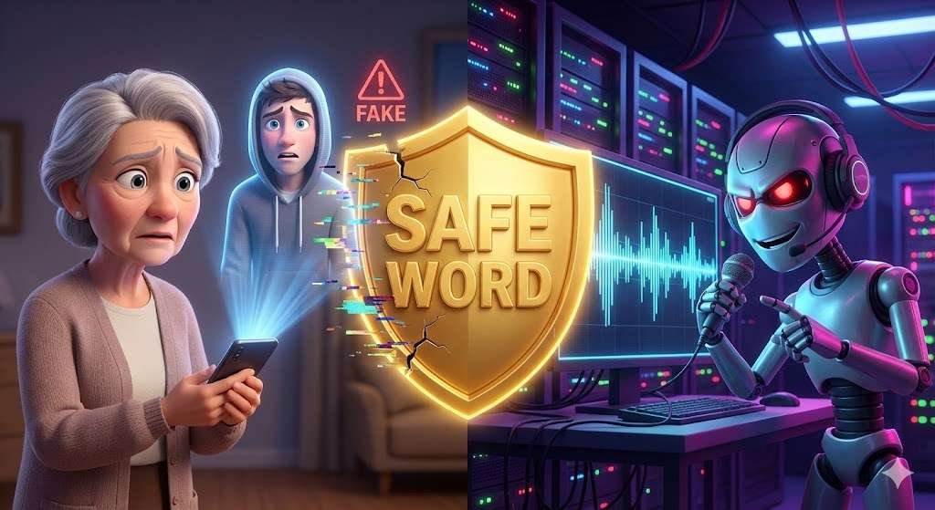 A split-screen 3D cartoon illustration depicting a "Voice Cloning Scam