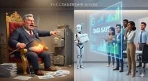 3D cartoon illustration of a corporate boardroom split into two sides, on the left an old-school CEO angrily pointing at a dusty filing cabinet and shouting, while ignoring charts, on the right a younger diverse team calmly watching glowing AI dashboards and holographic charts labeled Data Says