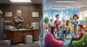 3D cartoon illustration of a modern corporate office workplace split into two contrasting halves