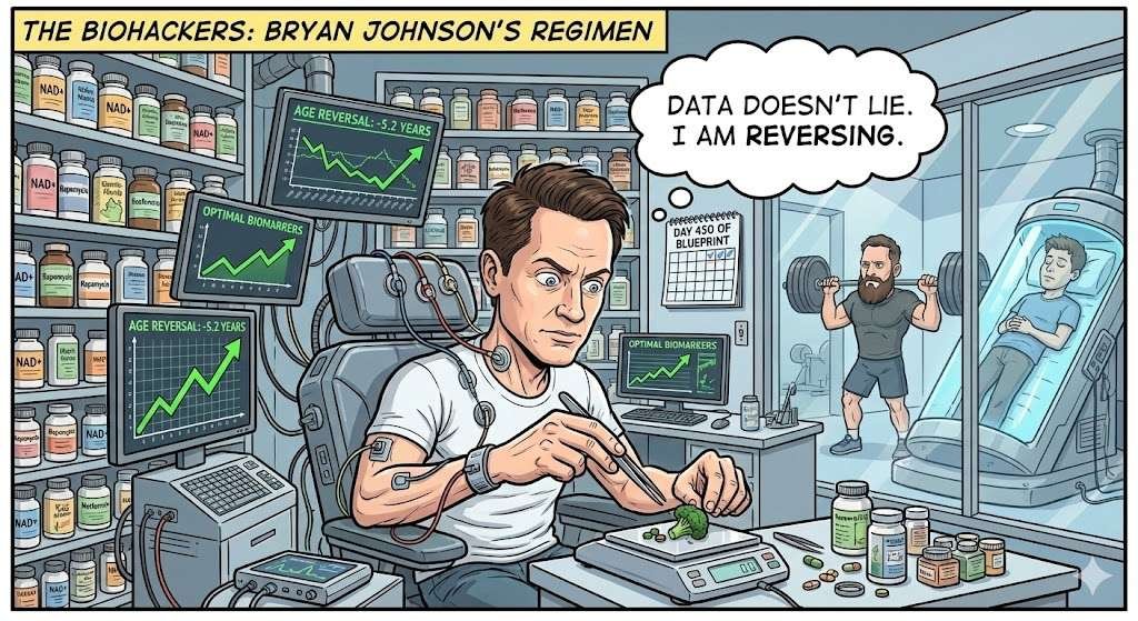 A cartoon comic panel illustration of a man resembling Bryan Johnson, hooked up to multiple monitors displaying graphs and data, surrounded by hundreds of supplement bottles and meticulously measuring a tiny plate of food.