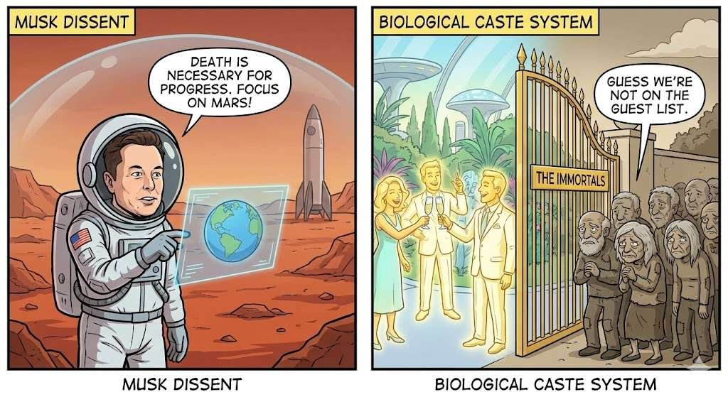 Panel 1 (Musk Dissent): A cartoon Elon Musk in a spacesuit on Mars, looking at a screen showing Earth, with a speech bubble saying, "DEATH IS NECESSARY FOR PROGRESS. FOCUS ON MARS!" Panel 2 (Biological Caste System): A split panel with a glowing, youthful, rich cartoon family partying behind a golden gate labeled "THE IMMORTALS," while outside, a group of aging, poor cartoon people look on sadly, with a speech bubble from one saying, "GUESS WE'RE NOT ON THE GUEST LIST.